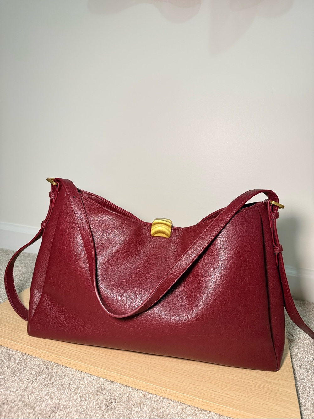 Burgundy Leather Shoulder Bag with Gold Accent
